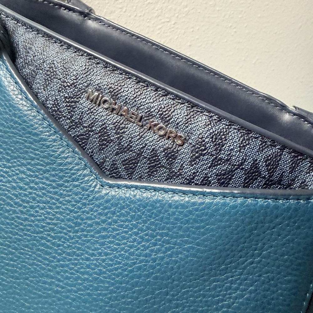 Michael Kors Whitney Teal Pebbled Leather Tote Bag Blue Silver Hardware Small - Picture 2 of 8